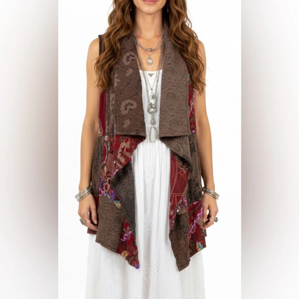 Anu Bohemian Brown Patchwork Draped Sleeveless Boho Vest Cardigan Size Medium - Picture 1 of 8